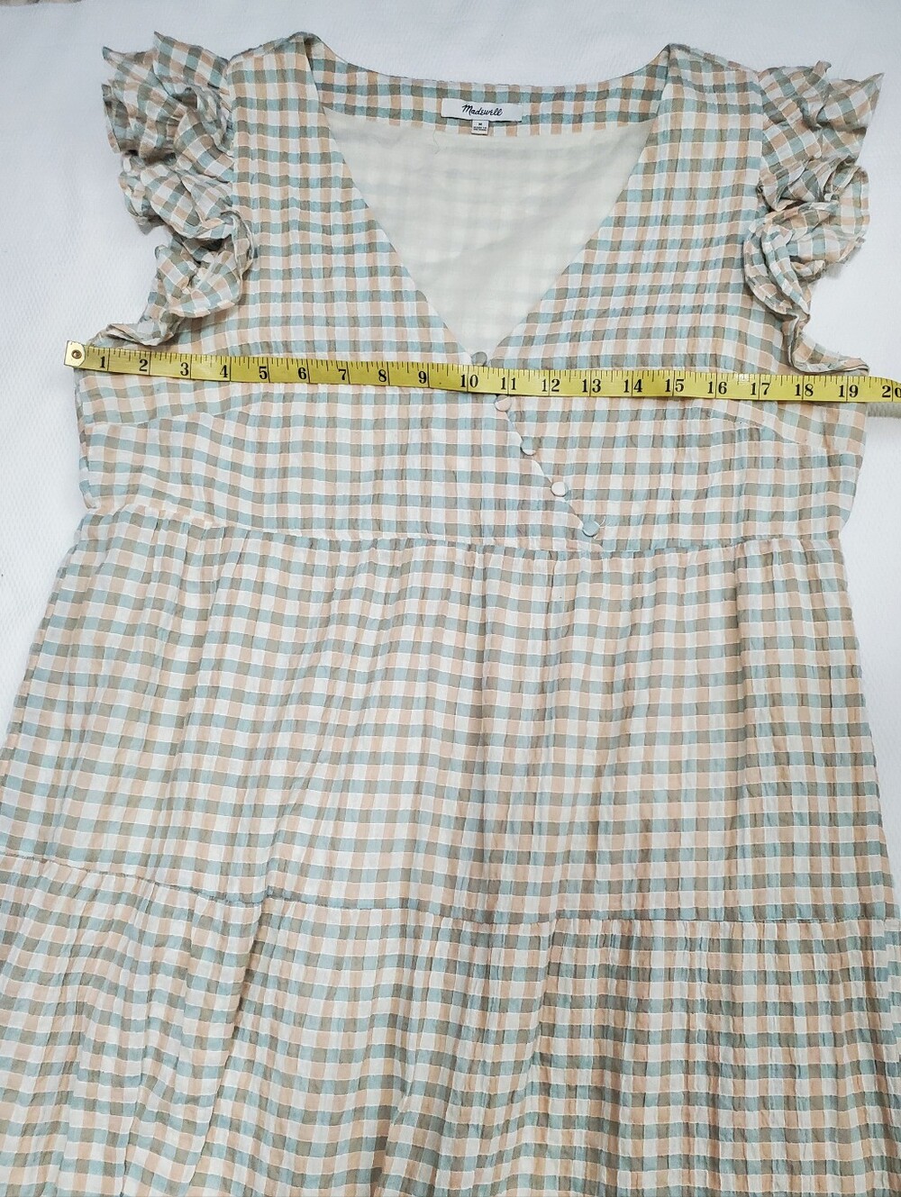 Madewell Gingham Seersucker Tiered Midi Dress Ruffle Sleeve Medium - Picture 12 of 15